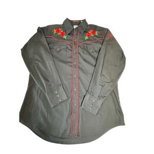 VTG Ely Diamond Western Shirt Black American Rose Embroidered Snap Size Large